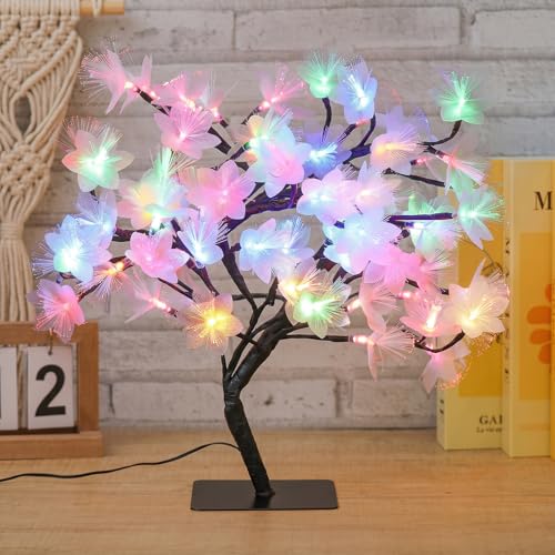 Fiber Optic Flower Tree Lamp - 48 LED Table Night Light USB Powered Artificial Flower Bonsai Tree Lamp Bedroom Living Room Decor Valentine's Day Birthday Gift for Women Girls Mother (Multicolor) - color: Multicolor