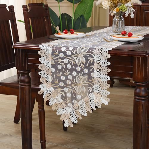 Lace Table Runner Floral Embroidery Fabric Rustic Table Runners Elegant Chic Table Transparent Cover for Home Dining Room Tabletop Decor Wedding Party Dresser (Champagne&White, 16 x 59 Inch) - color: Champagne&white, size: 16 x 59 Inch