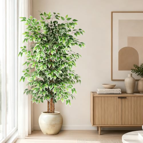 GTIDEA 6ft Ficus Artificial Tree, Tall Faux Trees Indoor with Natural Trunk and Fake Silk Tree Fake Plants for Home Decor Living Room Outdoor Balcony House Office (NO VASE Included) - color: 6ft Ficus Tree (No Vase)