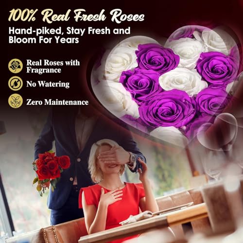 ADDWel Romantic Preserved Roses Bouquet for Her Anniversary, Birthday Flower Gifts for Women, 27-Pieces Eternal Roses with Natural Fragrance in Heart-Shape Box for Wife Girlfriend Mom - color: Purple & White - 27 Roses