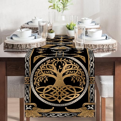 Viking Tree of Life Pagan Dining Table Runner, Vintage Black Gold Raven Birds Celtic Style Nordic Medieval Burlap Kitchen Decoration, Retro Indoor Outdoor Home Decor Party Supply 13 x 72 Inches - color: Viking Tree, size: Table Runner 13''X72''