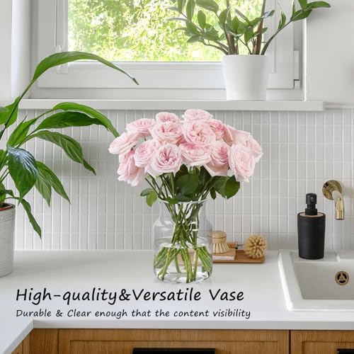 Clear Glass Vase, Large Flower Vase, 8-inch Glass Flower Vase for Plants, Wide Mouth Vase for Home, Wedding, Living Room, Dining Table - size: 6"W x 8"H