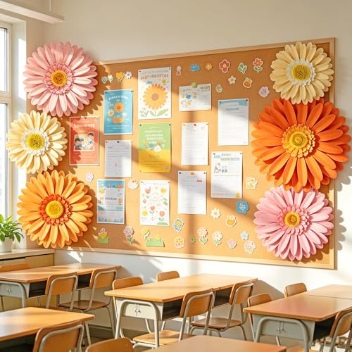 Daisy Paper Flowers Wall Decor 3D Orange Pink Large Flowers Bulletin Board Decoration Spring Garden Groovy Birthday Decorations for Women Girls Baby Shower Classroom Office Boho Nursery Wall Decor - color: Orange Pink Cream