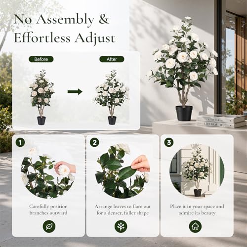 3FT Artificial Camellia Tree 2 Pack, UV Resistant Faux Camellia Plants with Realistic White Flowers, Tall Fake Potted Trees for Front Porch Patio Garden Home Decor, Indoor Outdoor - color: Camellia Tree White