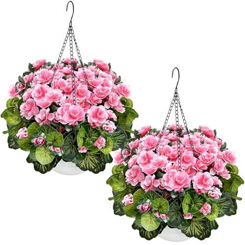 2 Sets Artificial Hanging Baskets Flowers for Outdoors, Already Assembly Silk Flower with Hanging Baskets UV Resistant Realistic for Spring Summer Garden Porch Yard Patio Outside Decor, Pink - color: Pink