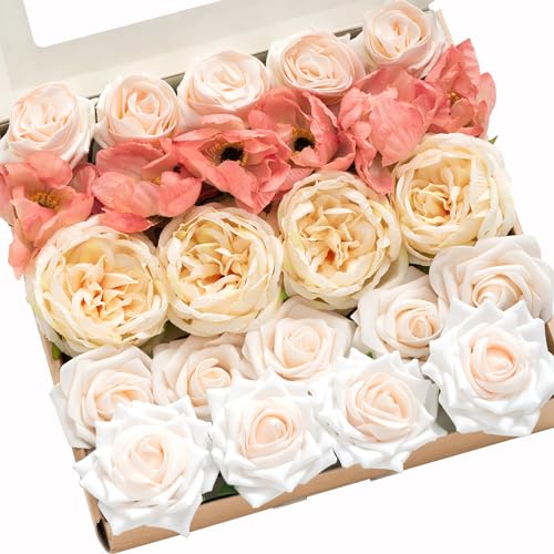 Ling's moment Artificial Flowers Fake Silk Poppy Peony Faux Foam Roses Combo for DIY Wedding Bouquets Centerpieces Arrangements Bridal Shower Party Home Decorations, Coral & Cream, 24pcs - color: Pk-coral & Cream
