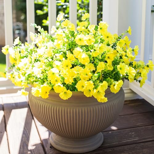 Artificial Flowers for Outdoors Fake Flowers Plants for Spring Summer Decor, 12 Bundles Silk Morning Glory with Eucalyptus Look Real UV Resistant Yellow Faux Flowers for Outside Planters Yard Patio - color: Yellow