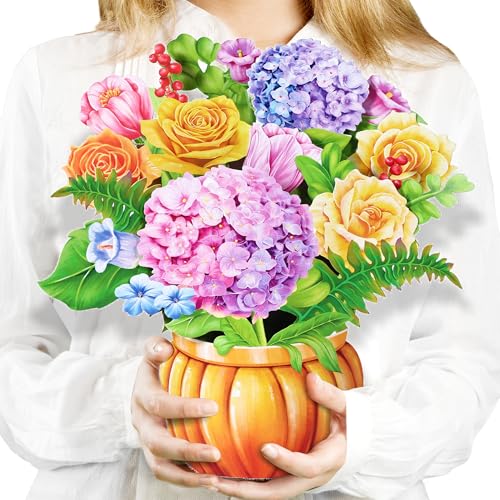 Airpark 3D Pop Up Paper Flowers Bouquet Card 12’‘ with Note & Envelope, Birthday Gifts, Get Well, Thank You, Greeting Cards for Women Mom Wife Friends, Nobility Hydrangeas Rose - style: Rose Hydrangea Pumpkin