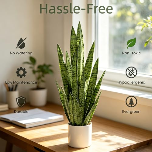 Fake Snake Plant 3FT, 35" Artificial Potted Plant with White Pot, Realistic Faux Floor Plant for Home Decor, Low Maintenance No Watering Needed for Desk Corner Office & Pet Areas (Green) - color: Sansevieria Green 35in