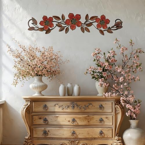 Wesiti Metal Flower Wall Decor Vintage Metal Flower Wrought Iron Scroll Sculpture 15.7''x3.7'' Not 3D, Flat Farmhouse Leaf Wall Decor with Nails for Summer Bedroom Kitchen Indoor Outdoor(Red) - color: Red
