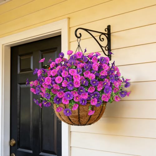 Artificial Flowers for Outdoors, 16 Bundles Mix Color Silk Faux Flowers Morning Glory UV Resistant Eucalyptus Plants Fake Petunias Plants for Porch Garden Planters Window Box Outside Indoor Decor - color: Purple Light Fuchsia