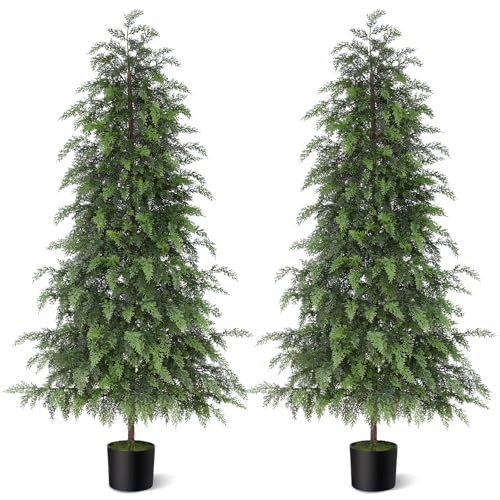 5FT Soft Textured Cedar Topiary Trees for Front Porch Decor, Artificial Shrubs Faux Plants Potted UV Resistant Fake Greenery for Outdoor Indoor Door Garden Farmhouse Home Decoration (Set of 2) - size: 5FT