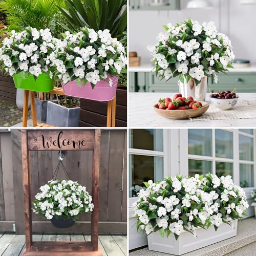 Ouddy Decor 6 Bundles Artificial Impatiens Flowers for Outdoors Decoration, Silk Flowers Bouquet Fake Plants UV Resistant for Spring Summer Garden Porch Window Box Balcony Home Decor, White - color: White