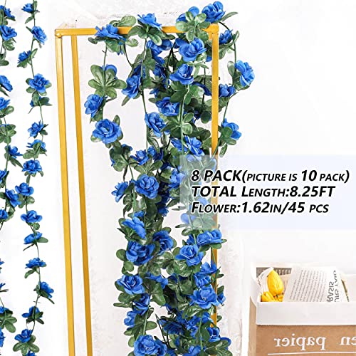 Miracliy 8Pcs 66FT Blue Flower Garland, Artificial Rose Floral Vines Fake Hanging Spring Flower Garland for Wall Backdrop Wedding Arch Tea Party Door Mantle Decoration - color: Sapphire-8pcs