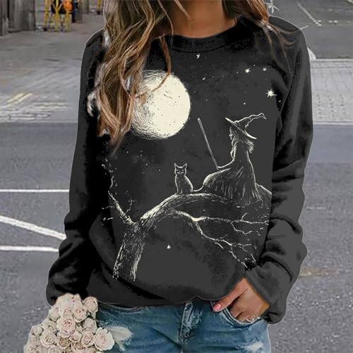 MARSVOVO Long Sleeve Halloween Shirts For Women Novelty Halloween Print Crew Neck Casual Fall Sweatshirt For Women - color: Black, size: Small