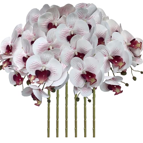 FagusHome 32 Inch Artificial Phalaenopsis Flowers 6 Pcs Artificial Orchid Flowers Stem Plants for Home Décor (White and Purpleline) - color: White and Purple
