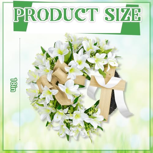 18 Inch Easter Wreath with Cross for Front Door Artificial Lily Flowers Cross Wreath Spring Easter Religious Garland Hanging Ornament for Spring Holiday Farmhouse Wall Window Party Decor - color: Easter-1