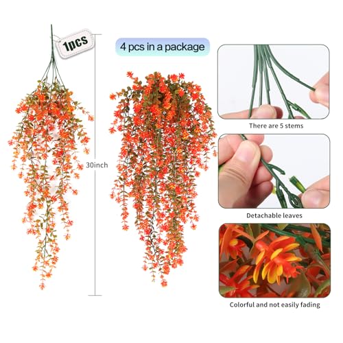 SJL Hanging Greenery Fake Plant 4pcs Artificial Hanging Plants Flower Plastic Leaves Flowers Fall Eucalyptus Palnts Outdoor Vines Decor Eucalyptus Real Touch for Patio Living Room (Salmon) - color: Tangerine