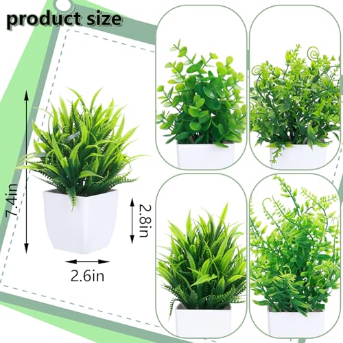 GREENTIME 4 Pcs Fake Plants Potted Small Artificial Plant Indoor Faux Greenery in White Pot for Home Office Bedroom Desk Bathroom Shelf Farmhouse Decorations - color: White-4