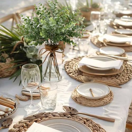 Coferset Eucalyptus Stems in Glass Vase with Faux Water, 14" Eucalyptus Fake Plants for Home Bathroom Counter Office Kitchen Farmhouse Shelf Centerpiece Coffee Table Decor(Sage Green) - color: Green