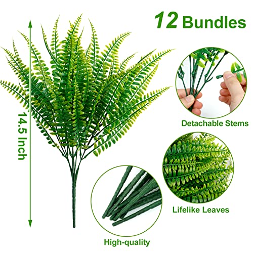 Ouddy Decor 12 Bundles Artificial Boston Ferns Artificial Plants Outdoor Greenery Stems Faux Shrubs UV Resistant for Garden Front Porch Table Window Box Home Decorations - color: Green, size: 12 Bundles