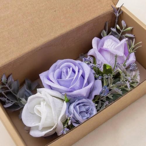 Rose Corsage and Boutonniere Set, 2PCS Handmade Artificial Flower Bride Wrist Corsage Wristlet Bracelets Wristband Men Boutonniere for Wedding Prom Suit Decorations (Purple) - color: Purple