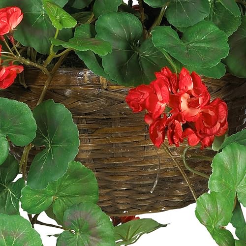 Nearly Natural 24in Artificial Geranium Hanging Basket Faux Floral Plant for Indoor Home Porch Decor, Red - color: Red