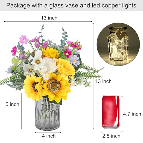 Sunflower Fake Flowers in Vase, Sunflowers Lavender Artificial Flowers with Vase for Table Centerpieces, Silk Flower Bouquet Faux Floral Arrangements Kitchen Farmhouse Cemetery Gravesites Decor - color: Yellow Purple