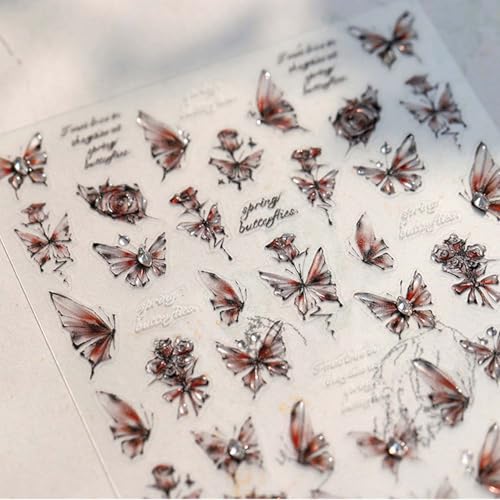Retro Butterfly Nail Stickers - 5D Emboosed Red-Black Gradient Nail Decals 1PCS Summer Rose Butterfly Nails Adhesive Stickers with Rhinstone Design Spakrling Nail Art Supplies for Manicure Decor - style: Style9-Retro Blcak Butterfly