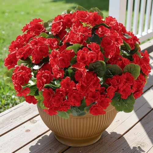 Alupssuc 8Pcs Artificial Geranium Flowers for Outdoors Decoration Silk Floral, UV Resistant Fake Plants, Faux Flower for Porch Garden Table Centerpieces Home Indoor Outside Spring Decor(8, Red) - color: Red