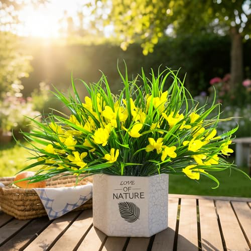 16 Bundles Artificial Plants Flowers for Outdoor Fake Monkey Grass with Flowers for Outside Planter Realistic UV Resistant Faux Plant for Garden Patio Pathway Front Porch (16, Yellow) - color: Yellow