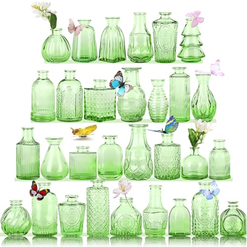Charm Glass Bud Vases, Small Flower Vases in Bulk for Centerpieces, Vintage Mini Vases for Wedding Decor, Home Table Decorations Diffuse Bottles,Ideals (Pack of 30,Light Green) - color: Light Green, size: 30 pcs