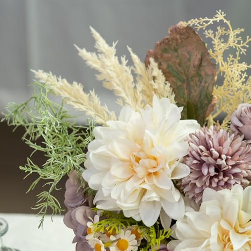 Fake Flowers with Vase Silk Dahlia Artificial Flowers in Vase Faux Hydrangea Flower Arrangements for Home Office Decoration Dining Table Centerpiece (Purple) - color: Purple