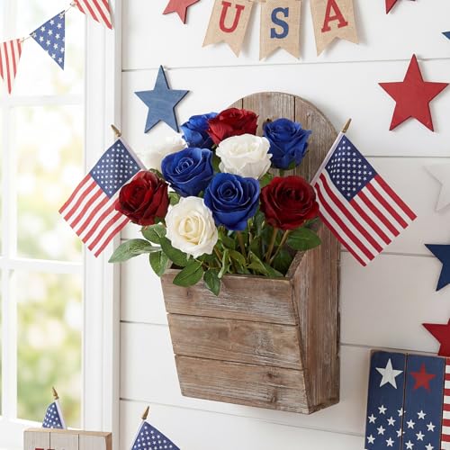 Tigeen 14 Pcs 4th of July Decor Red White Blue Artificial Flower Patriotic Decoration Artificial Rose with 2 Flag 250th Anniversary Table Centerpieces for Memorial Veterans Independence Day Home Decor - style: Roses