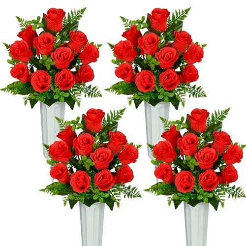 XONOR Artificial Cemetery Flowers, Set of 2 Artificial Rose Bouquet Grave Memorial Flowers with Vase for Cemetery Headstones Decoration (Red, Set of 4) - color: Red-4pcs
