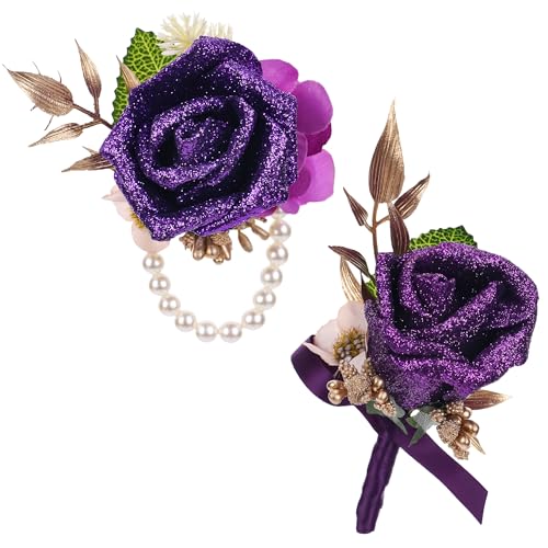 Purple Rose Boutonniere and Corsage Set - 2 Pcs Artificial Flowers Wrist Corsage and Boutonniere Kit for Men Wedding Prom Party, Anniversary Ceremony - color: Purple
