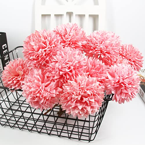 Tinsow 12 Pcs Faux Ball Chrysanthemum Bouquet Pink Artificial Ball Flowers Fake Sring Flowers for Home Garden Party Wedding Decoration (12, Pink) - color: Pink