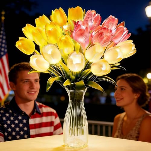 15pcs LED Lighted Artificial Flowers Tulip Lamp with Vase Real Touch Tulips Faux Flower Lights for Valentines Day Gift Easter Home Kitchen Wedding Dining Table Decor (Mix) - color: 15pcs Max