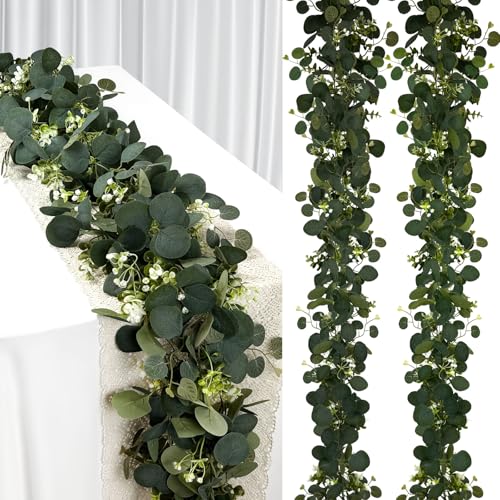 YIJXPOIN Eucalyptus Garland, 6FT Green Flower Garland Decor, Artificial Faux Eucalyptus Leaves Greenery Vines for Table Runner Wedding Bedroom Mantle Centerpieces Backdrop Decorations - color: Green2
