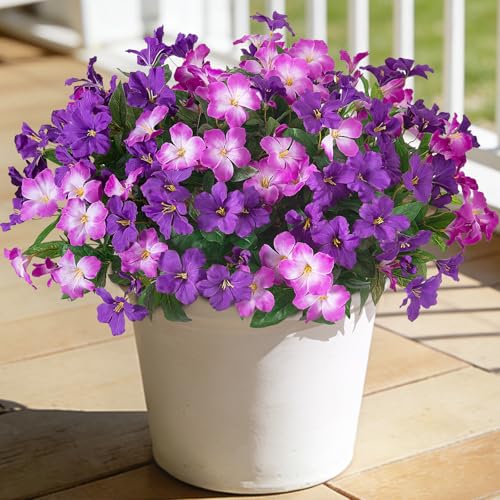 Fake Artificial Flowers for Outdoors 6 PCS Azalea Bouquet Silk Flowers for Outside UV Resistant Faux Flowers Plants for Outdoor Planters Realistic Spring Home Front Door Patio Garden Porch Decor - color: Mt Azalea B-purple1 Purple3