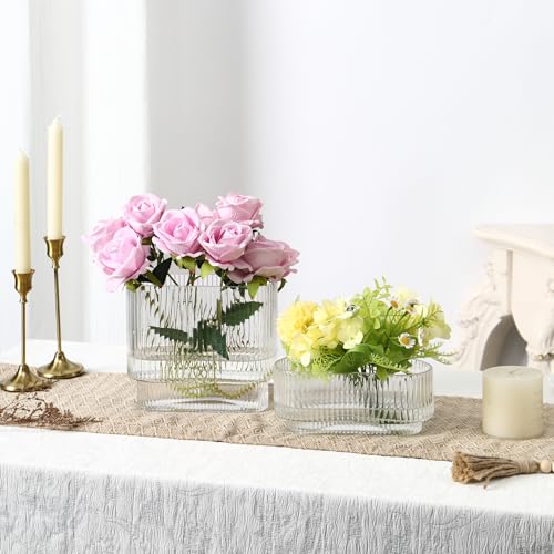 Short Glass Vases, Set of 2 Clear Glass Vases for Tulips, Ribbed Vase for Flowers, Modern Small Vase for Living Room, Dining Room, Bathroom, Desk, Shelf, Wedding, Office - color: Clear, size: Oval 7 Inches (2-Pack)