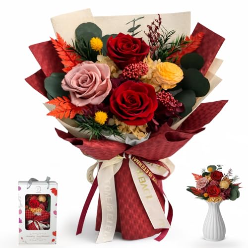 Mother's Day Red Preserved Roses with Vase - Forever Flowers for Mom Wife - Romantic Deep Red Rose Bouquet - Long Lasting Anniversary Birthday Gift for Her - Scented Flower Arrangement - color: Waffle Red