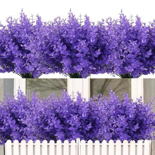 RECUTMS 12 Bundles Artificial Flowers for Outdoors UV Resistant Artificial Greenery Fake Eucalyptus Plants Boxwood Plants Outdoor Shrub Front Porch Patio Spring Decorations for Home(Pure Purple) - color: Pure Purple Eucalyptus, size: 12 Pcs