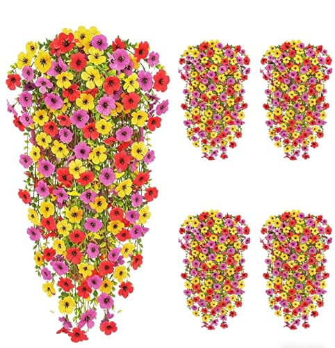 Artificial Hanging Flowers 4 Bundles UV Resistant Fake Flowers for Outdoor Decor Realistic Silk Flower Faux Plants for Patio Porch Garden Yard (Mixed Color) - color: 4pcs Mixed Color
