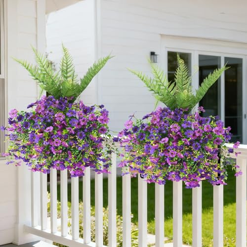 INQCMY Artificial Fake Hanging Flowers with Fake Fern for Outdoors UV Resistant Artificial Plants Spring Decor Look Real Faux Flowers for Outside Home Planter Porch Patio Decor - color: 3pcs Double Purple,1pcs Fern