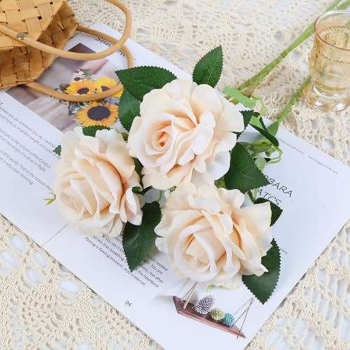 Velvet Roses Artificial Flowers 6Pcs Real Touch Roses Champagne Fake Roses with Stems for Wedding Bouquet Home Party Garden Outdoor Decoration(Champagne) - color: Champagne