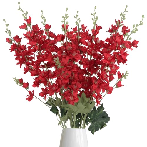 8PCS Long Stem Artificial Delphinium Flowers 33.5'' Larkspur Artificial Flower Red Silk Flowers for Tall Vase Home Wedding Table Centerpieces Decor(Red) - color: Red