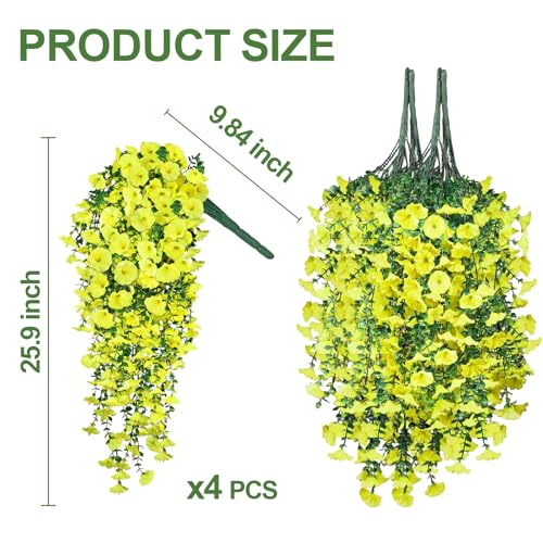 4PCS Artificial Hanging Flowers for Outdoors, 600 Blooms UV Resistant Morning Glory Vine Fake Flowers with Eucalyptus, Realistic Silk Faux Hanging Plants Spring Summer Decorations for Outside (Yellow) - color: Yellow, size: 4PCS