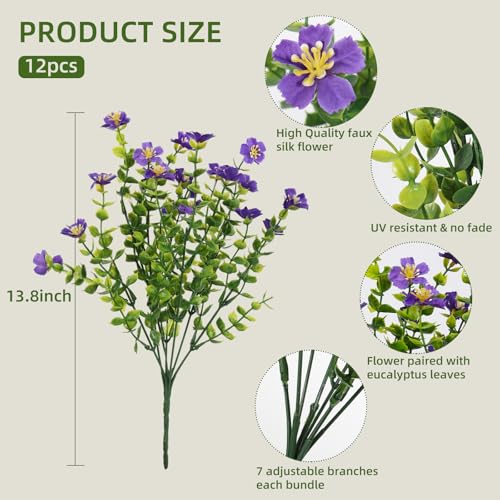 SJL Artificial Flowers for Outdoors, 12pcs Realistic Silk Fake Flowers with Greenery, UV Resistant Faux Plant for Home Wedding Centerpieces Indoor Outdoor Patio Decoration(Purple) - color: Bundle Purple-flower