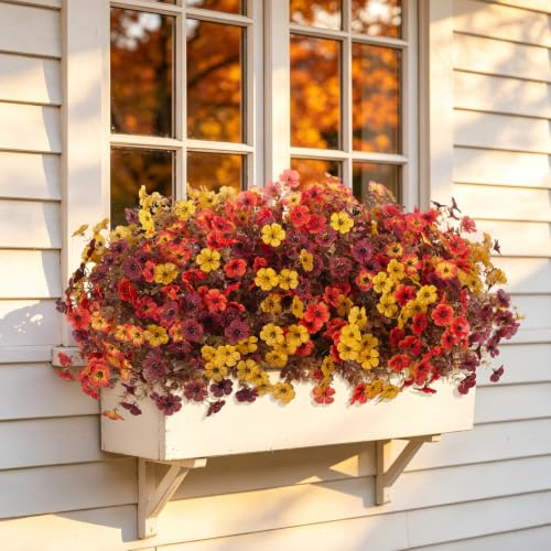 INXUGAO 12PCS Fake Artificial Fall Mums Flowers for Outdoor Decoration Faux Silk Fall Flowers Plants for Outdoor Planters UV Resistant Daisy for Home Decor - color: Fall-orange Brown Yellow Sunset Red